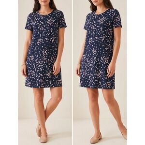 J JILL Floral Dress Large Navy Short Sleeve Stretch Soft Knit Casual Boho Casual